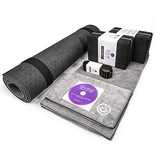 Yoga Mat, Towel, Blocks, Strap Complete 8 Piece Set | Heat Activated  Non-Slip 