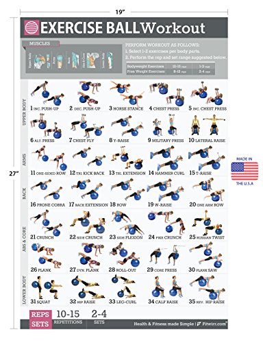 Exercise Ball Workout Poster Laminated to Sculpt your Abs, Strengthen your Core - Everyday Crosstrain