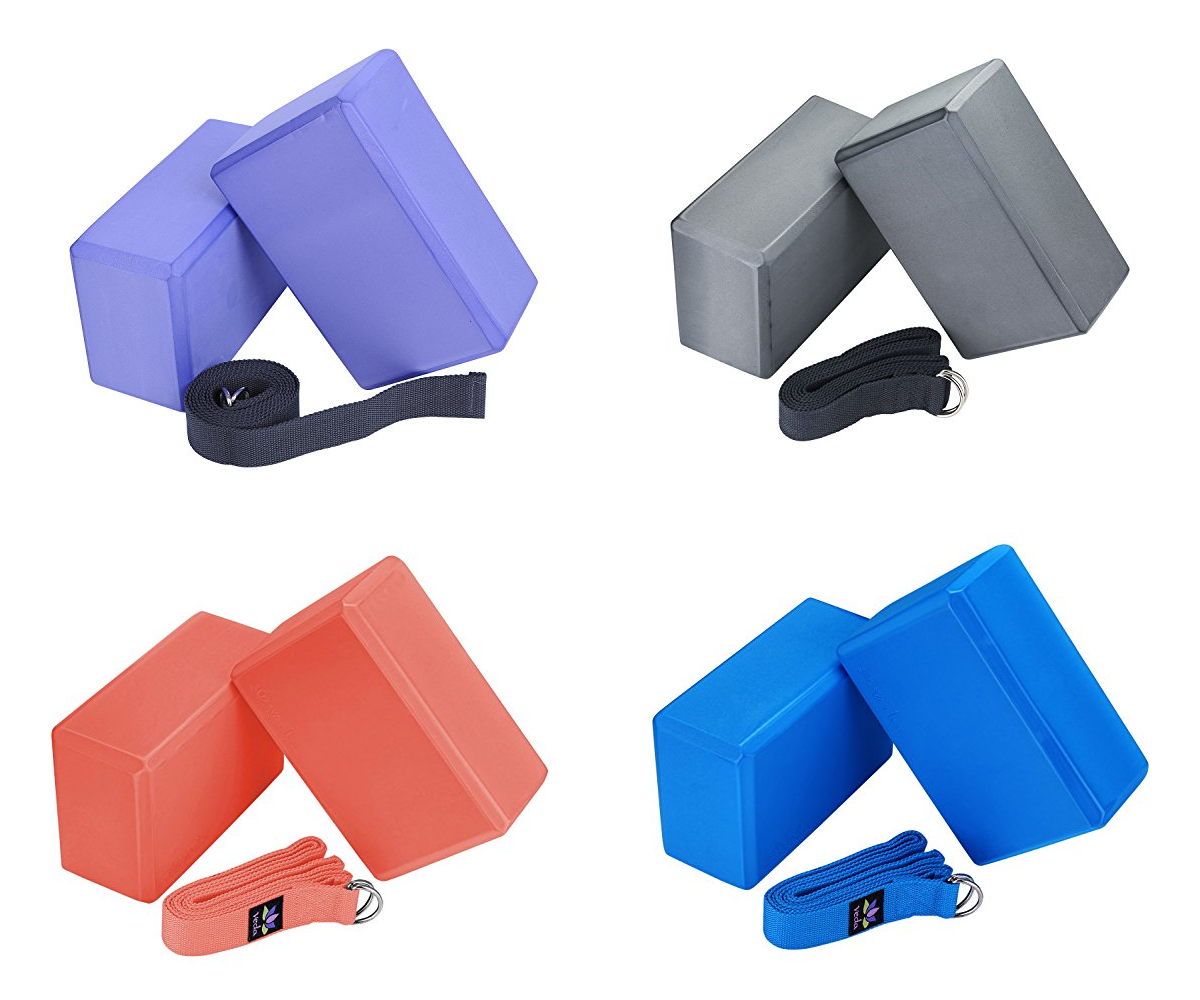 Yoga Foam Blocks (Set of 2) plus strap with Metal D-Ring - Standard Studio Size
